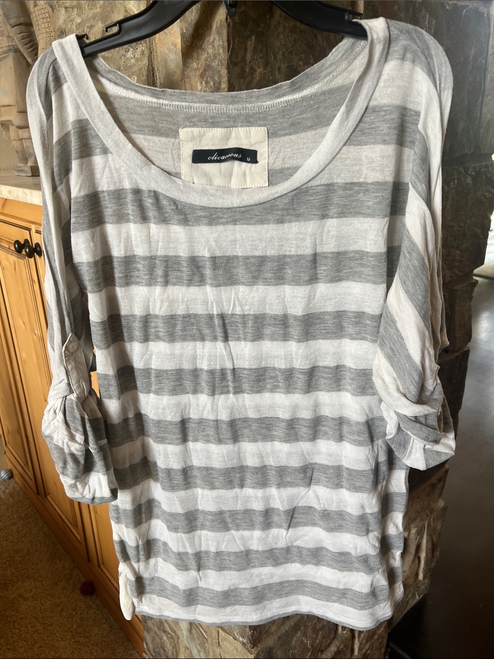 Olivaceous Gray and White Striped Roll-Tab Long Sleeve Tee